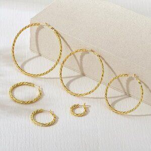 AllenCOCO Gold Hoop Earrings 3pcs, 18K Gold Plated Twisted Rope Design